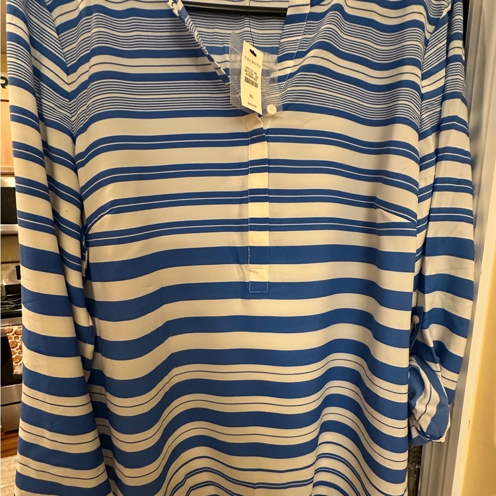 Talbots Cream and Blue Boxy Buttoned Polo Blouse